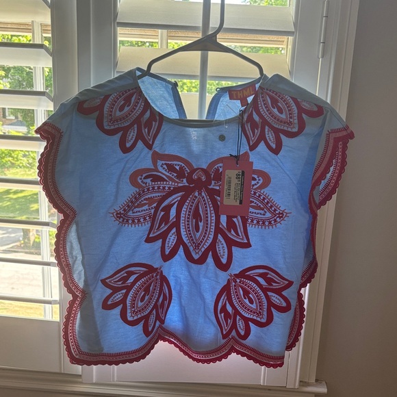 THML Tops - THML Light Blue Top with Red Embroidered Floral Trim